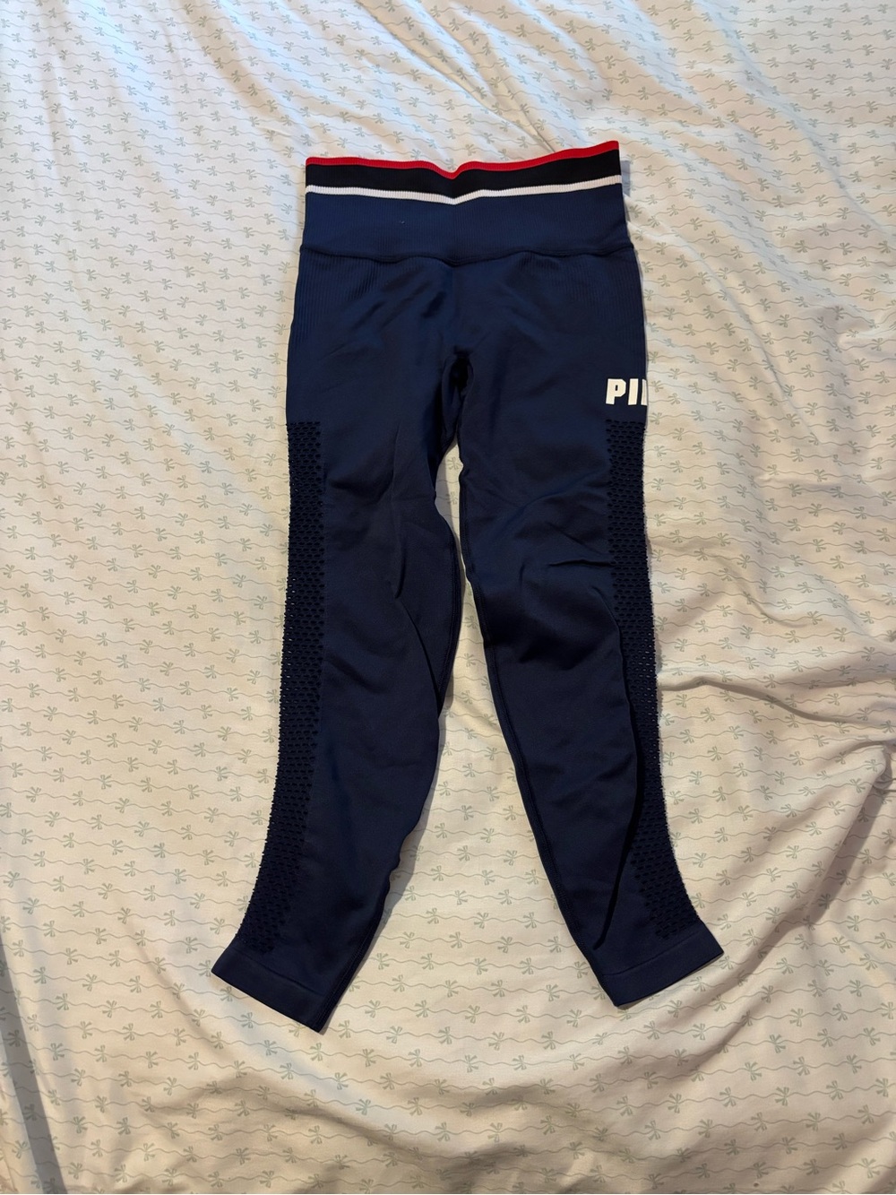 PINK Victoria's Secret Navy Leggings with Red & White Striped Waistband